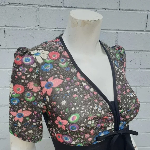 VTG 1970s Lurex Lame Metallic Floral Print Bow Maxi Cocktail Gown Dress Small 8 - Picture 5 of 9